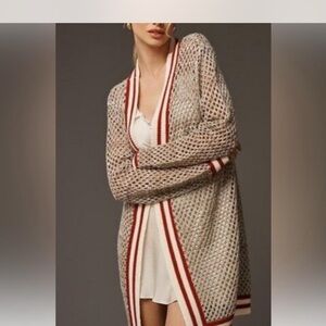 Anthropologie Beige and Red Open-Knit Cardigan